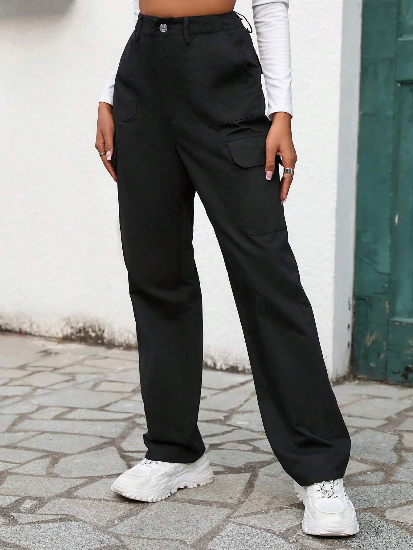 Casual Flap Side Pocket Cargo Pants Style 12 – full length outfit view