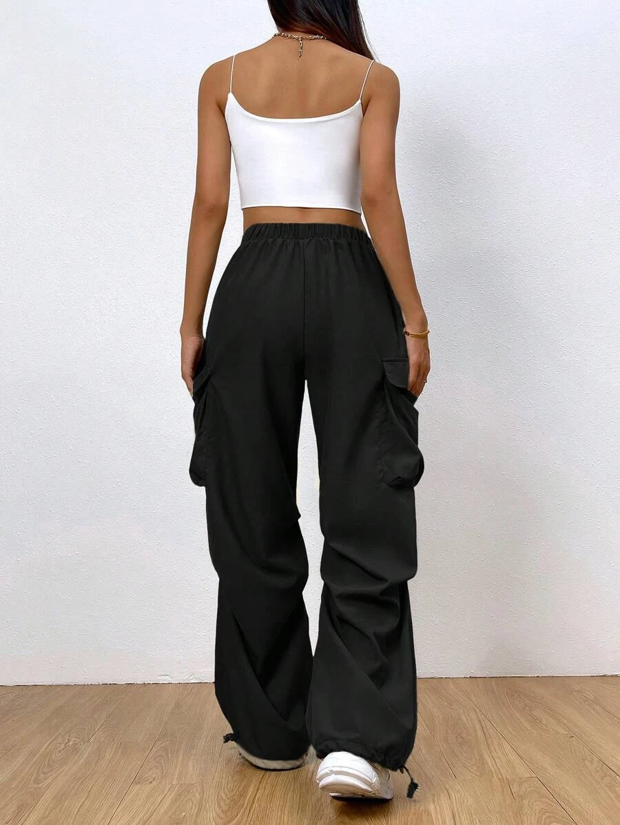 Flap Pocket Side Drawstring Hem Casual Cargo Pants – side profile view