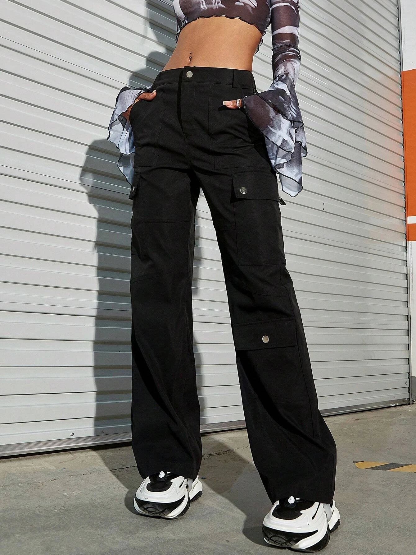 Metal Button Detail Flap Pocket Cargo Pants – side profile view