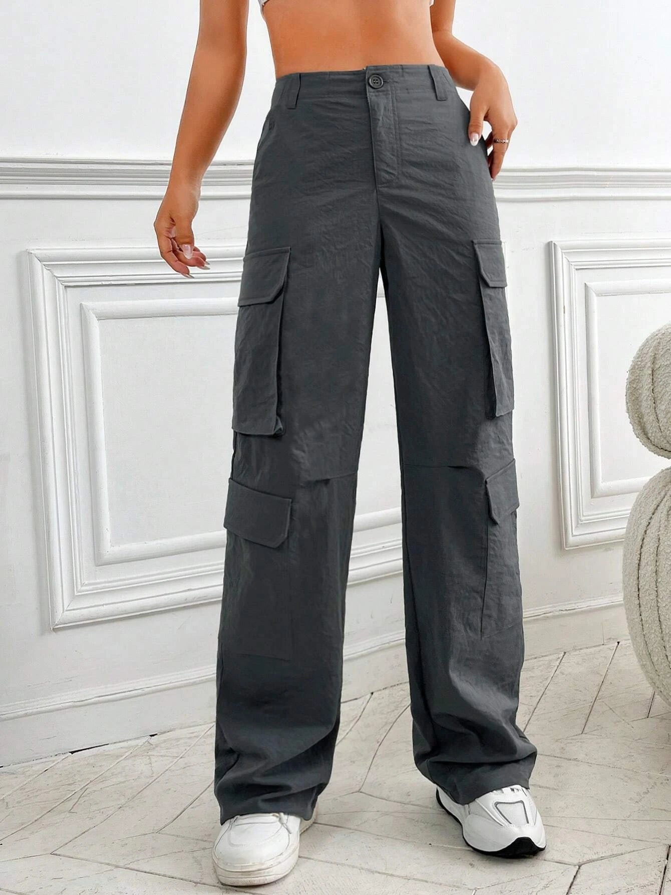 Flap Pocket Side Cargo Pants in Green #s-22 – full length outfit view