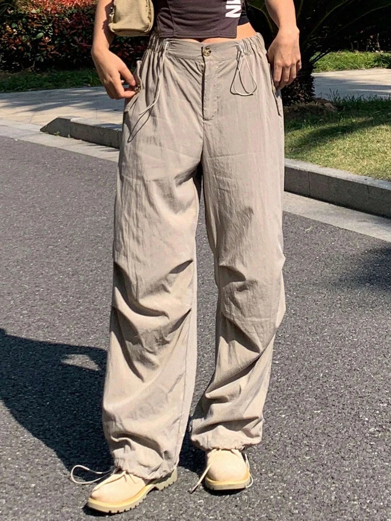 Solid Color Drawstring Straight Pants – back view detail