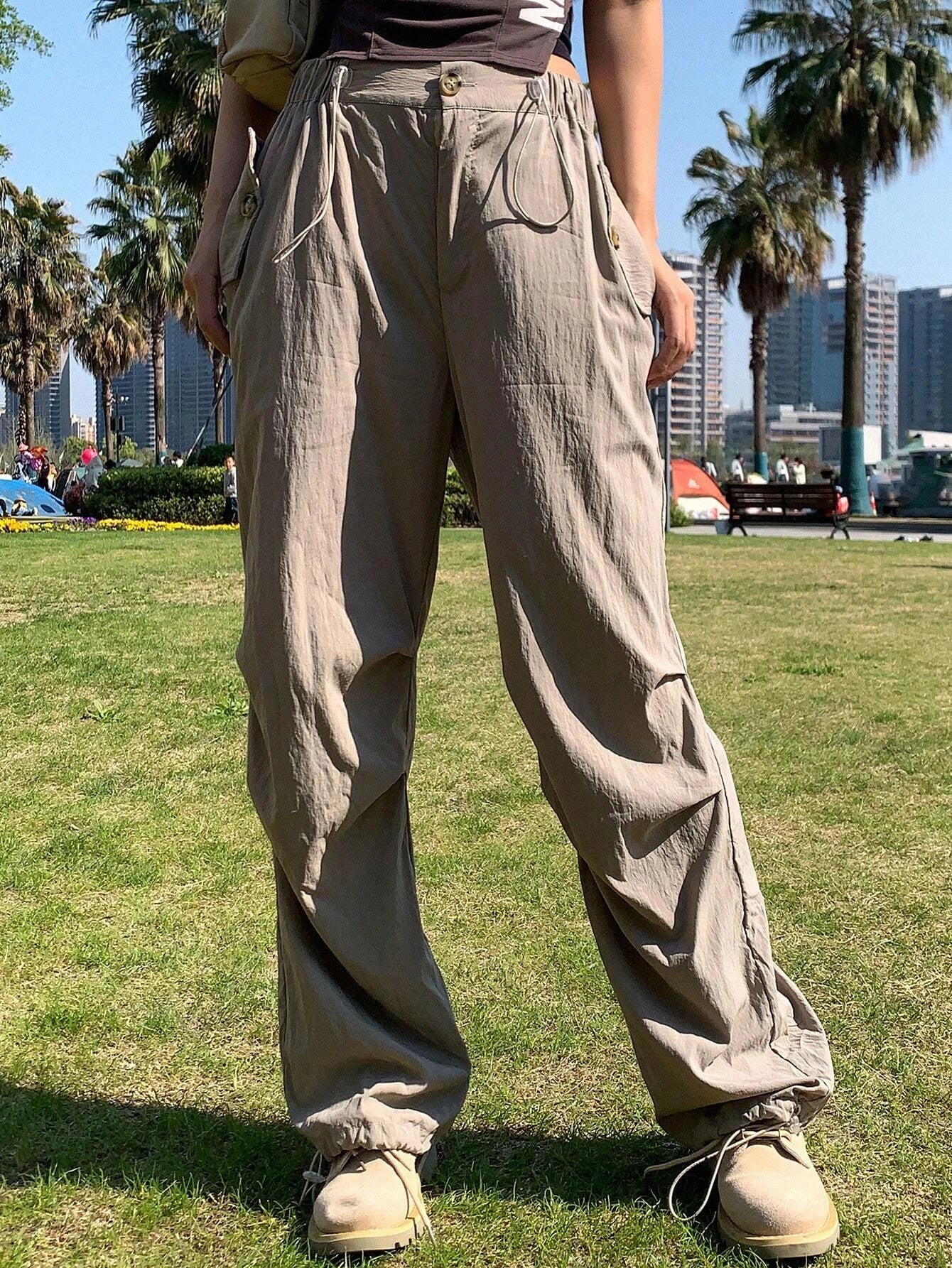 Solid Color Drawstring Straight Pants – pocket detail close-up