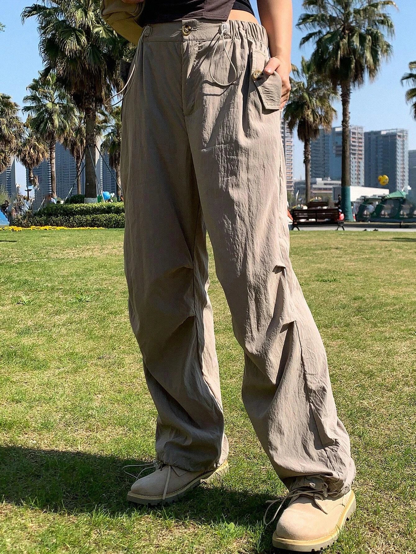Solid Color Drawstring Straight Pants – waistband detail