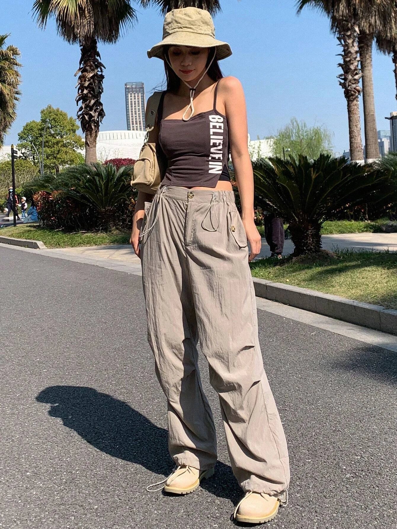 Solid Color Drawstring Straight Pants – full length outfit view