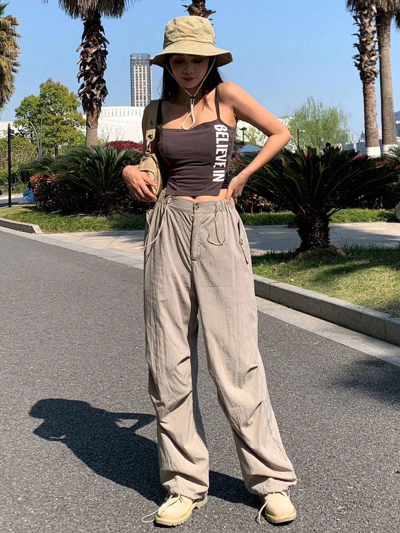 Solid Color Drawstring Straight Pants – styled outfit view
