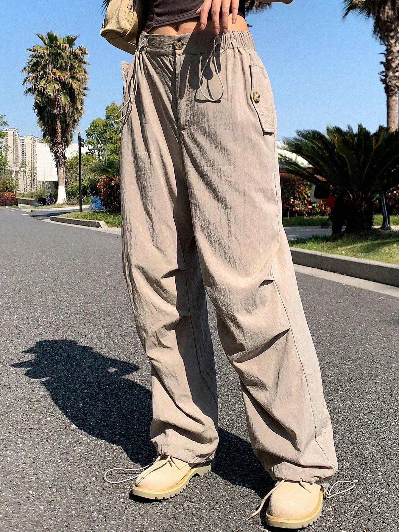 Solid Color Drawstring Straight Pants – model wearing view