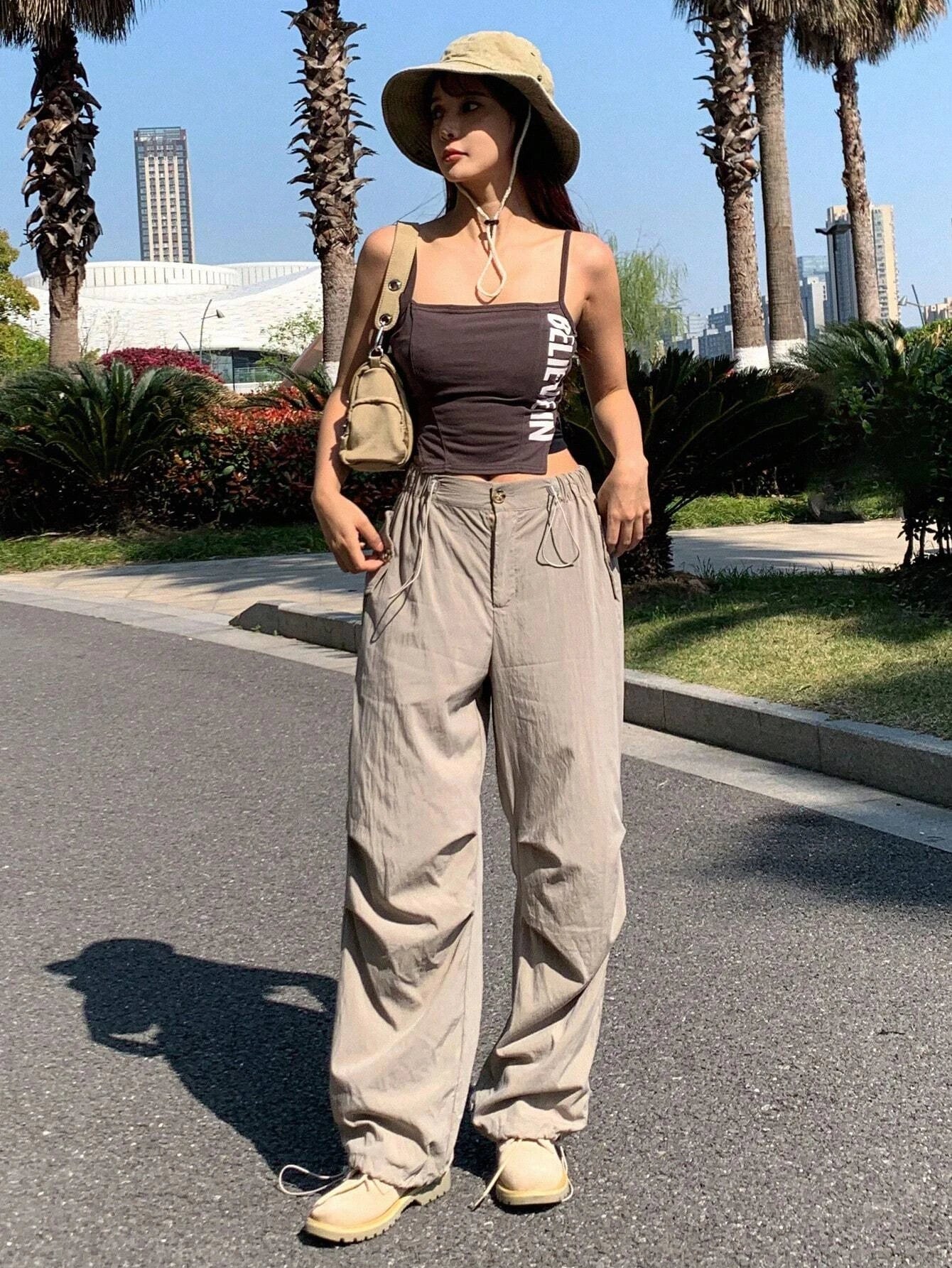 Solid Color Drawstring Straight Pants – women's cargo pants front view