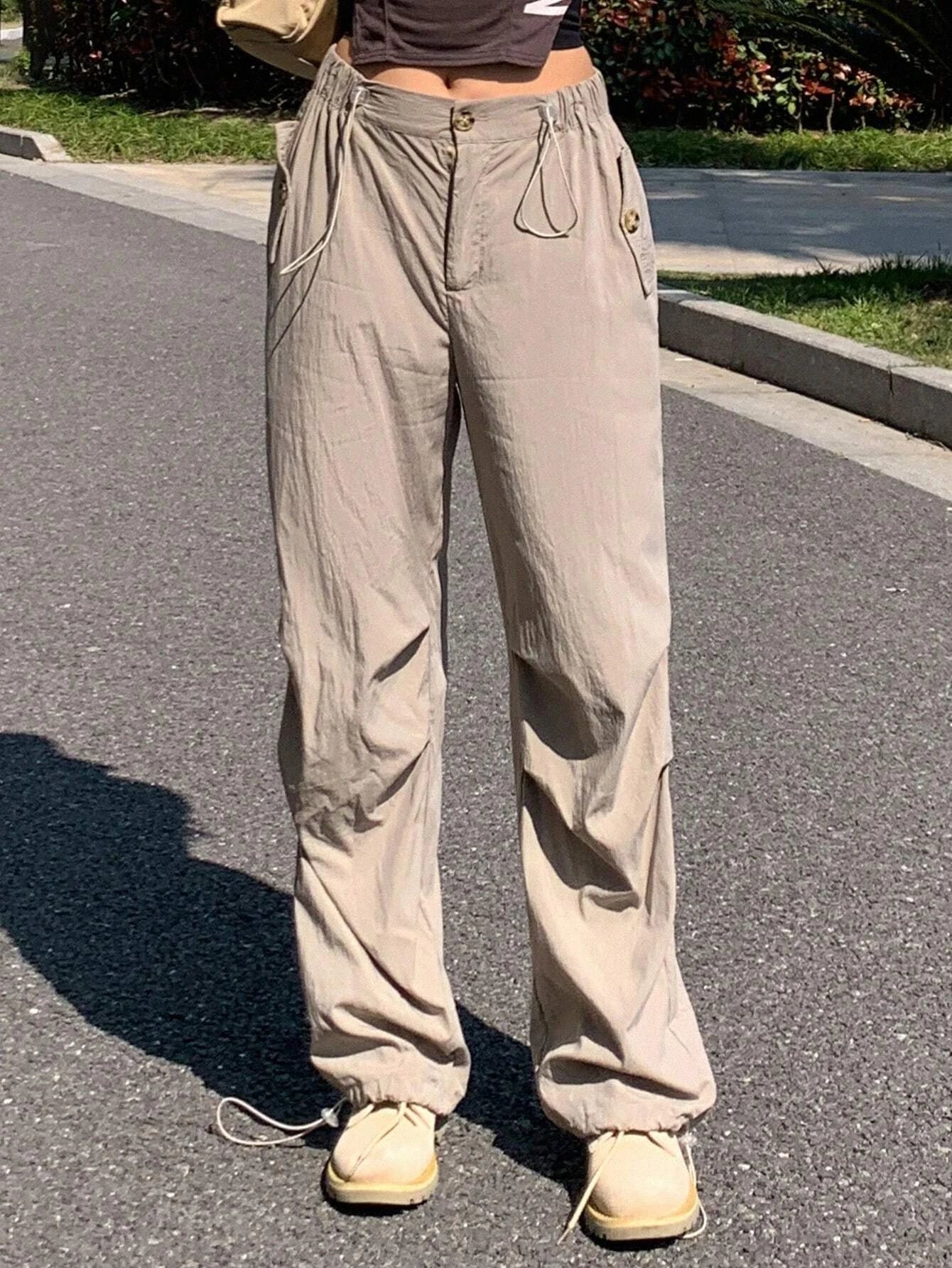 Solid Color Drawstring Straight Pants – side profile view