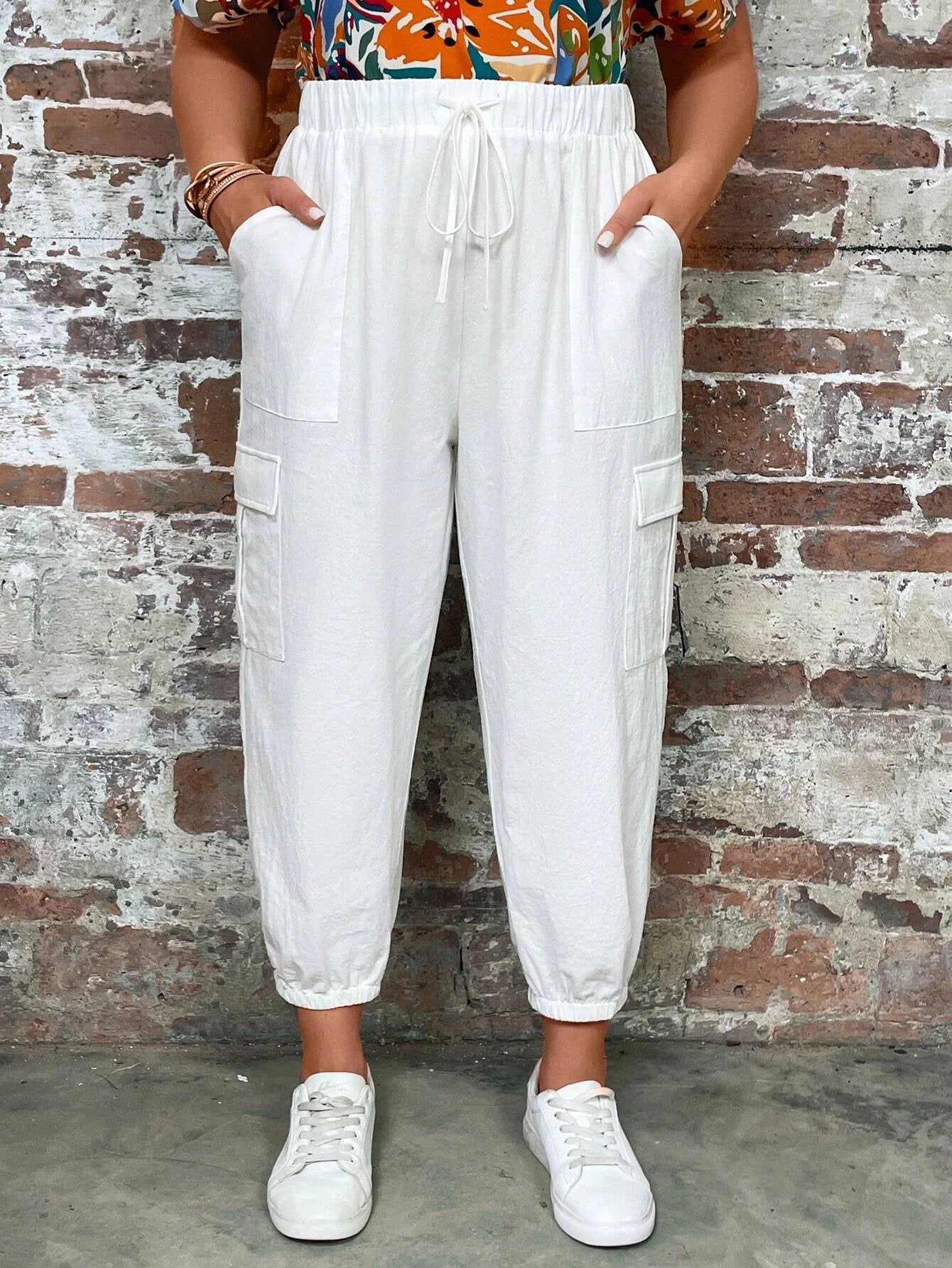 Drawstring Waist Flap Pocket Side Cargo Pants Style 2 – back view detail