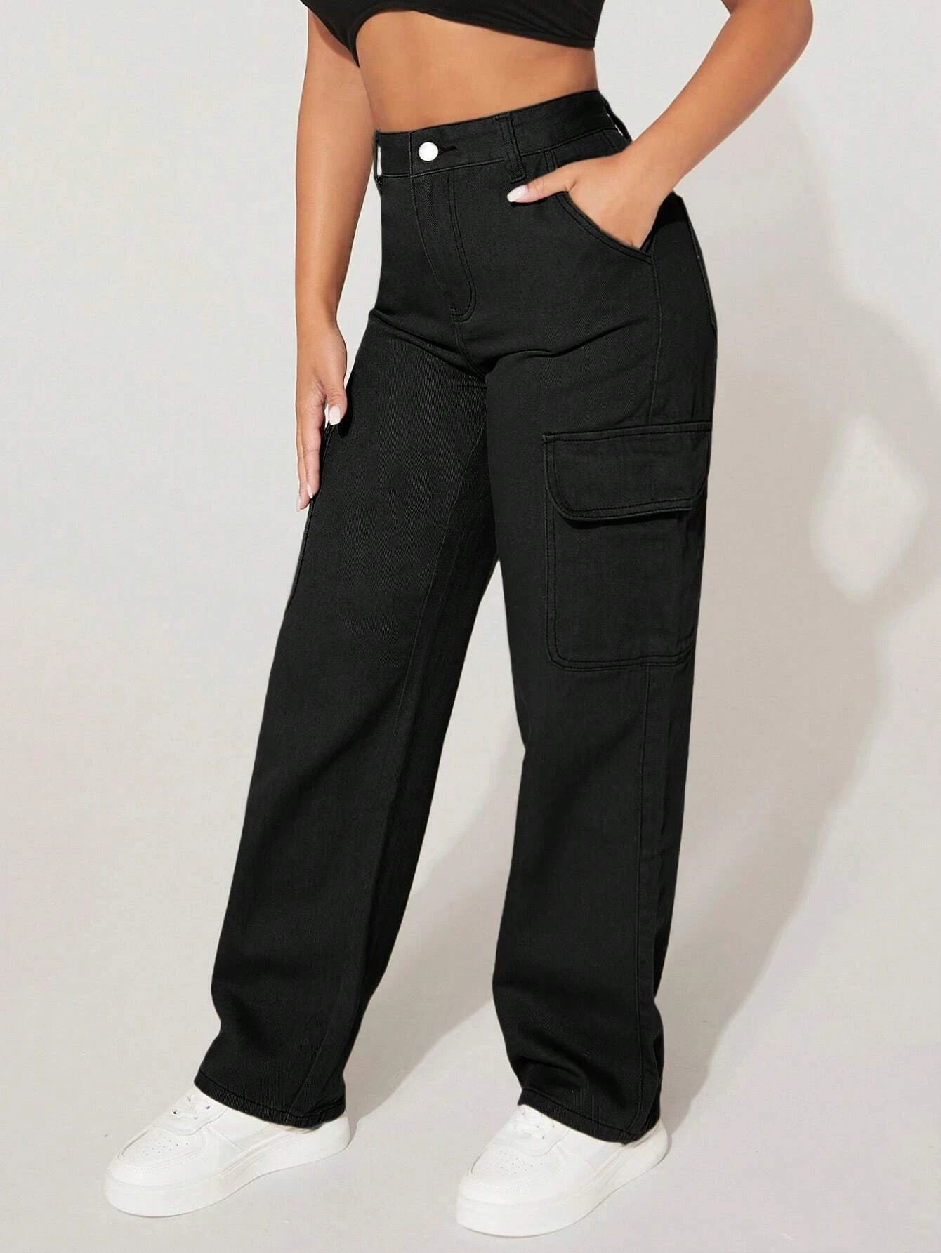 High Waist Functional Flap Pocket Cargo Jeans – styled outfit view