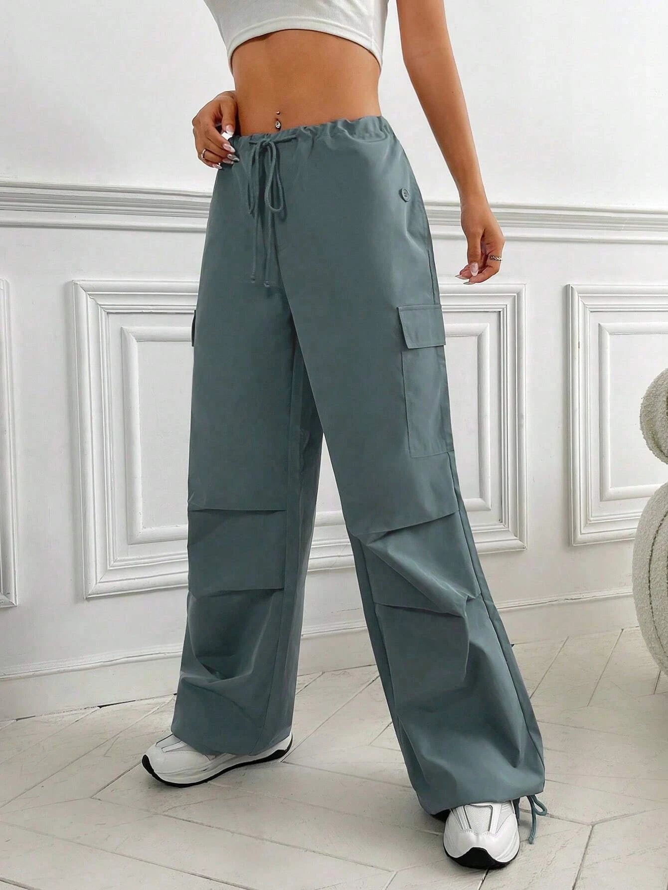 Flap Pocket Side Drawstring Waist Cargo PantsFlap Pocket Side Drawstring Waist Cargo Pants - Image 18