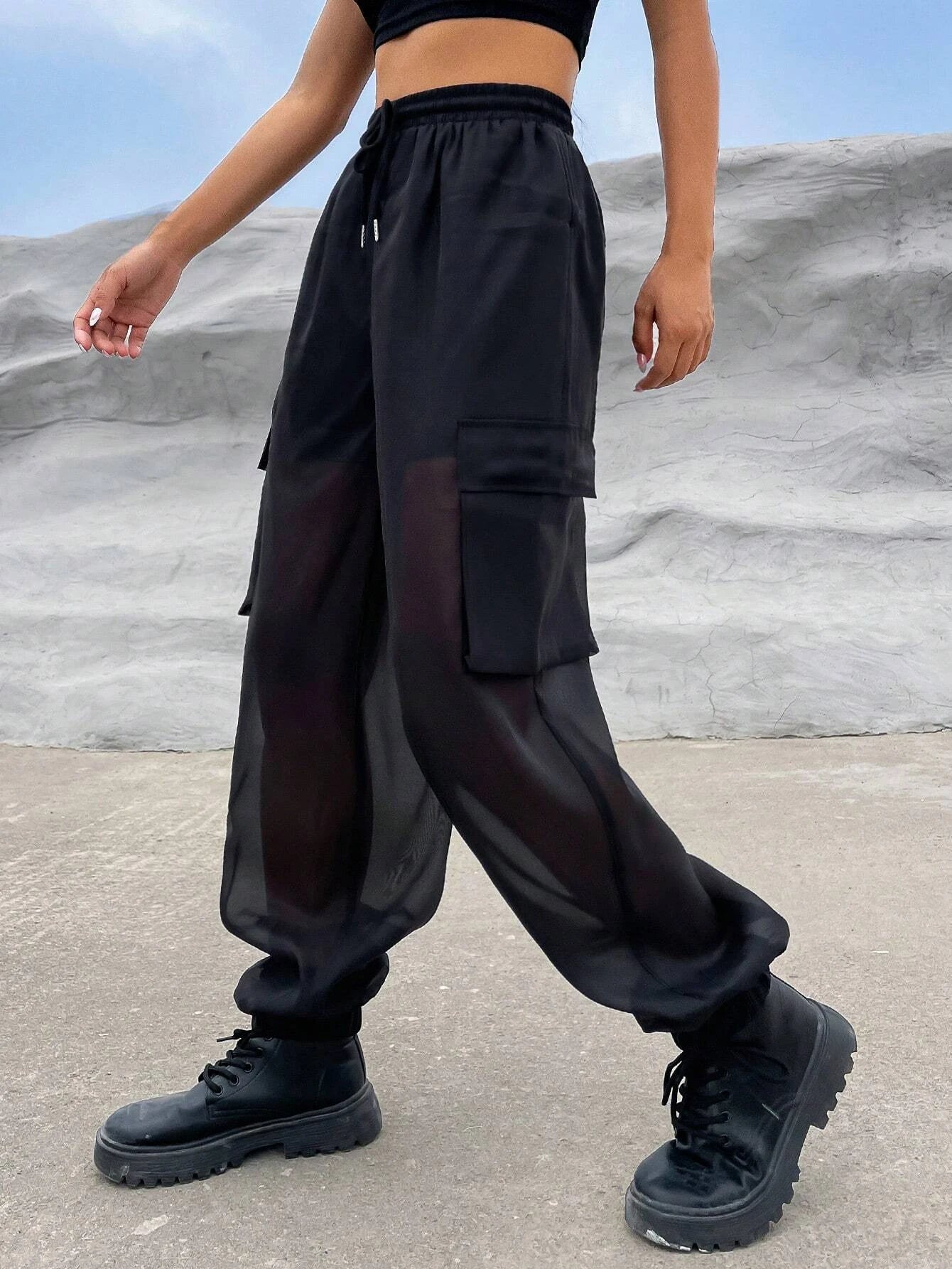 Flap Pocket Side Drawstring Cargo Pants Style 2 – side profile view