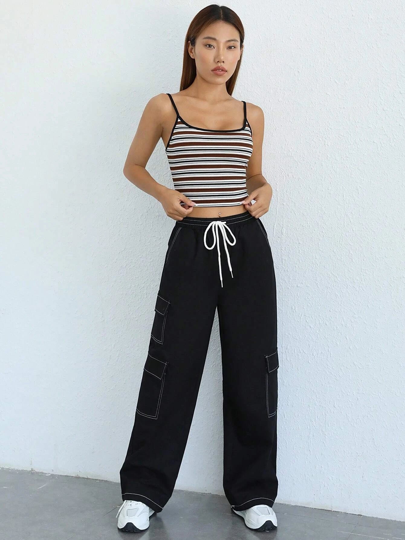 Side Flap Pocket Drawstring Cargo Pants – full length outfit view
