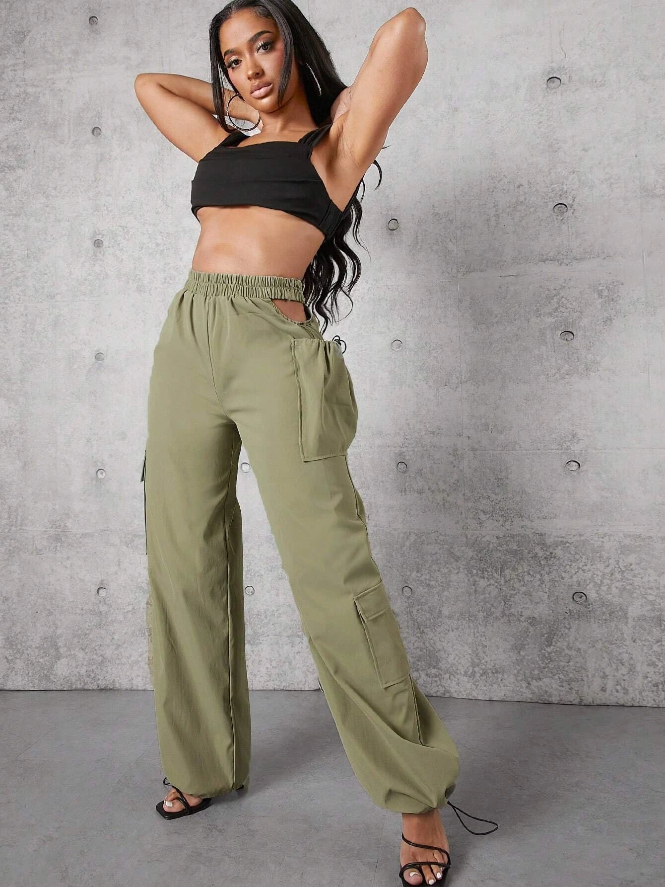 Solid Color Flap Pocket Drawstring Hem Cargo Pants – women's cargo pants front view