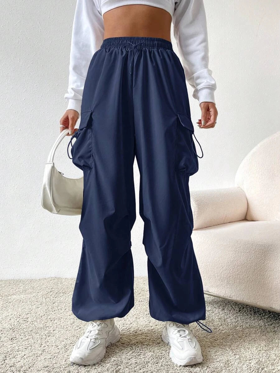 Flap Pocket Side Drawstring Waist Cargo Pants in Black #s-14 – lifestyle view 86