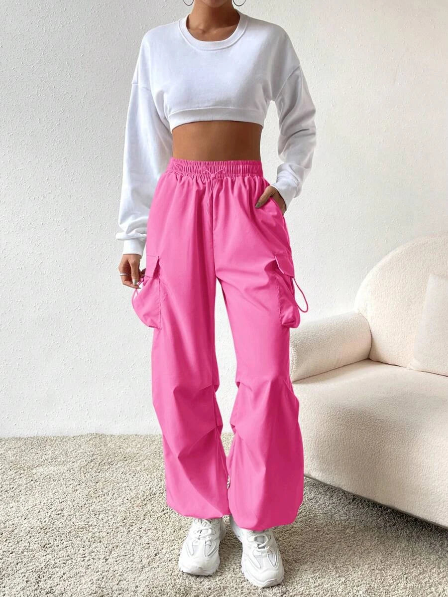 Flap Pocket Side Drawstring Waist Cargo Pants in Black #s-14 – lifestyle view 28