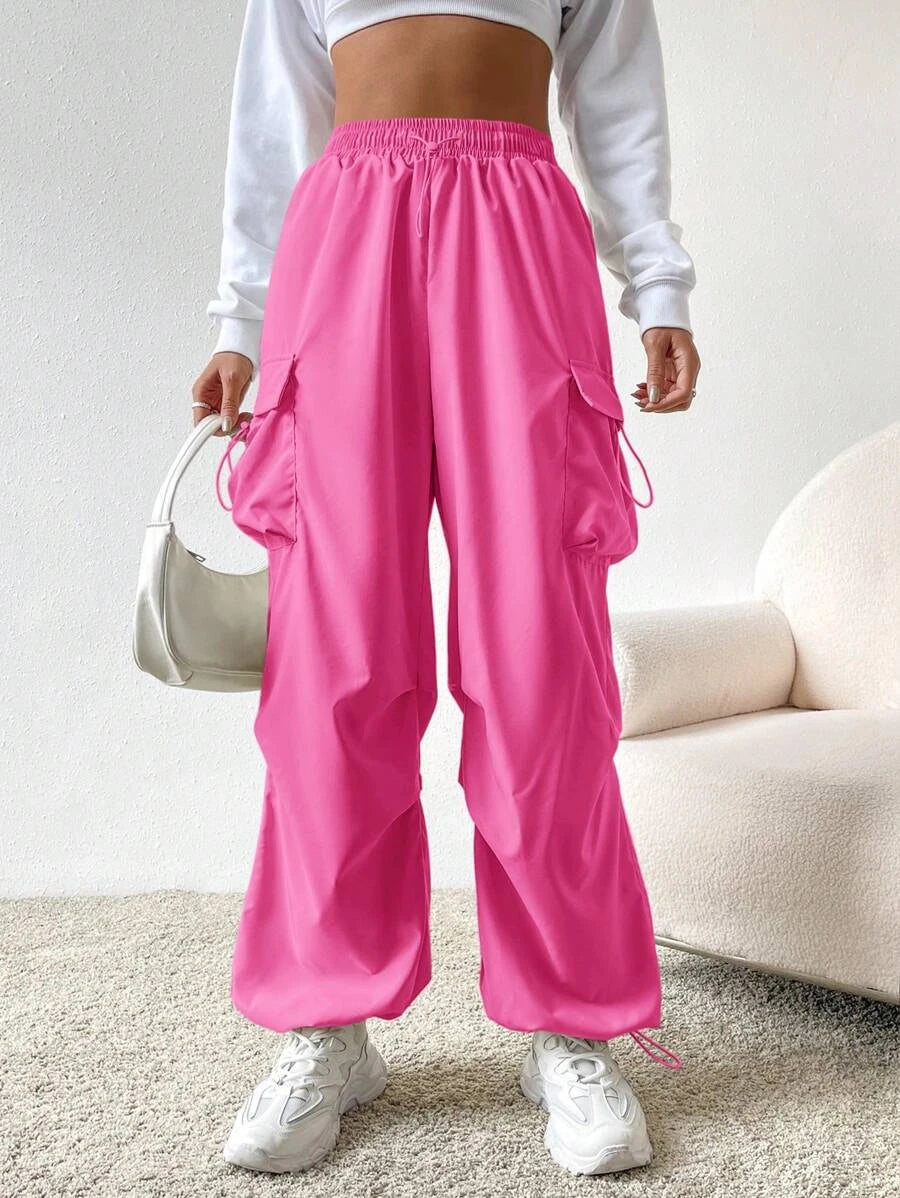 Flap Pocket Side Drawstring Waist Cargo Pants in Black #s-14 – lifestyle view 31