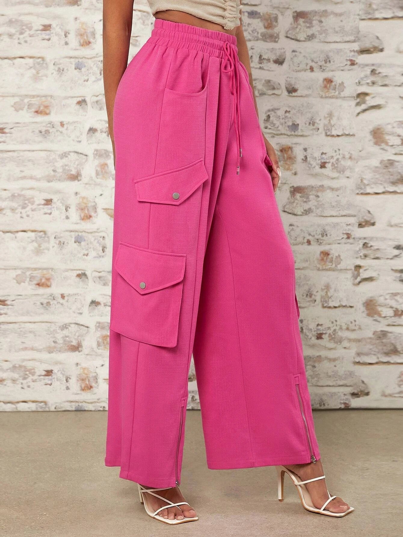 Casual Waist Flap Pocket Pink Cargo Pants – women's cargo pants front view