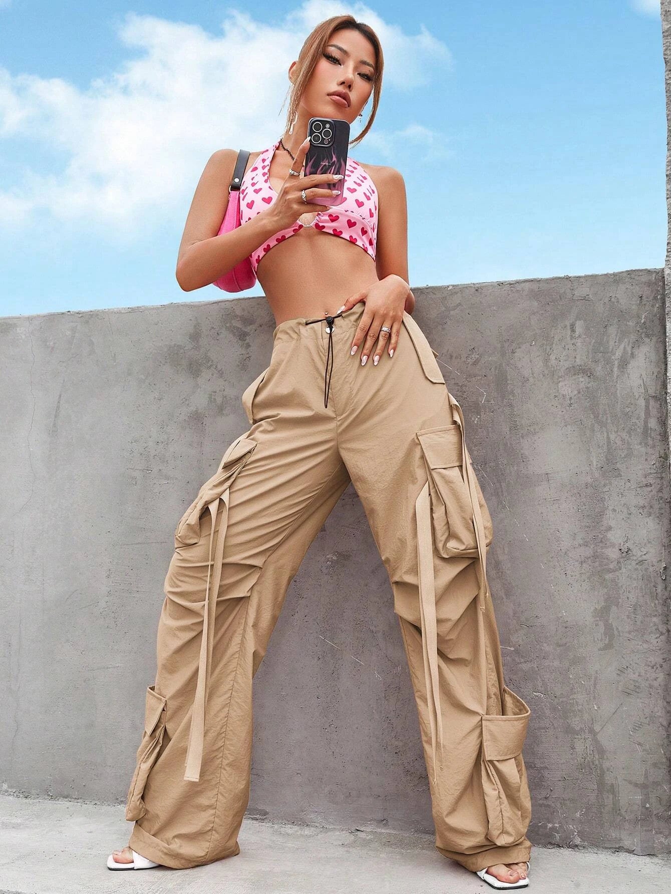 Flap Pocket Side Cargo Pants in Black #s-24 – full length outfit view