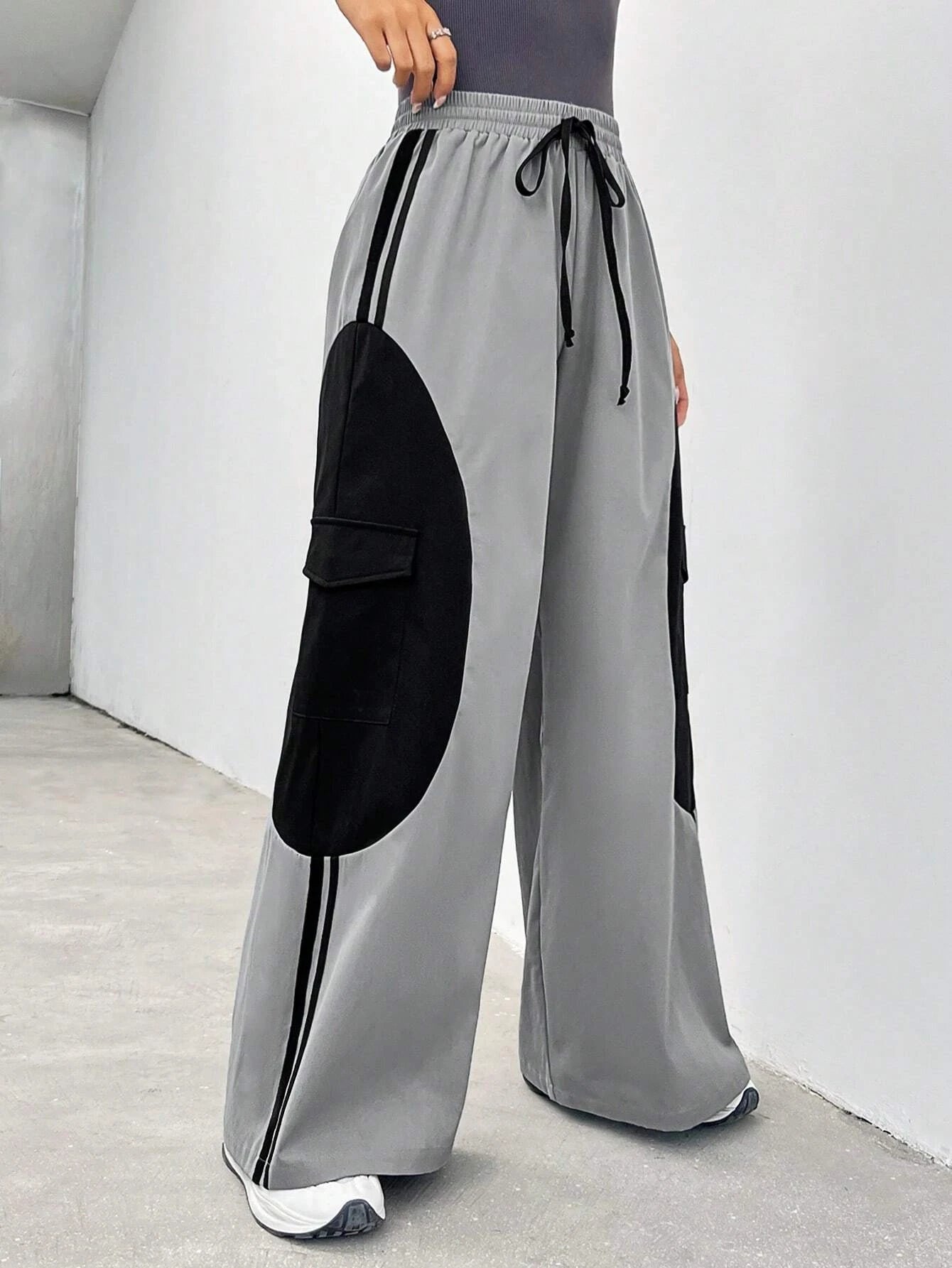 Striped Side Flap Pocket Drawstring Waist Cargo Pants – side profile view