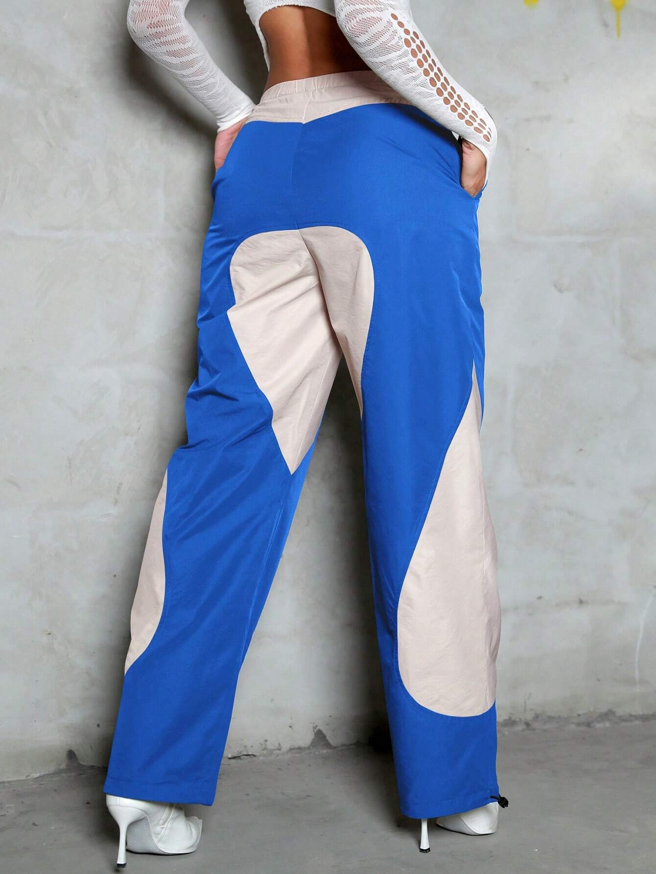 Two Tone Slant Pocket Drawstring Cargo Pants – full length outfit view