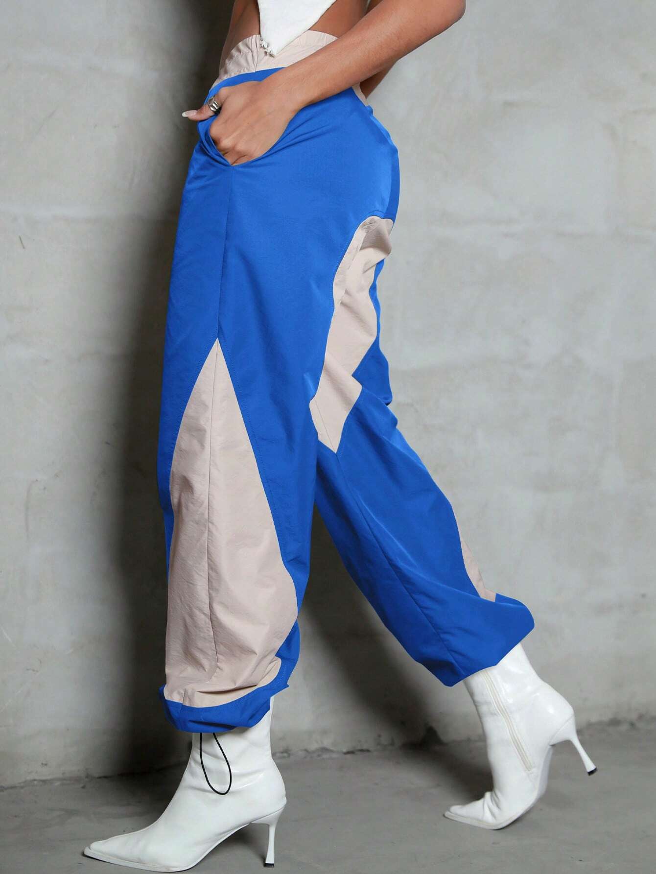 Two Tone Slant Pocket Drawstring Cargo Pants – model wearing view