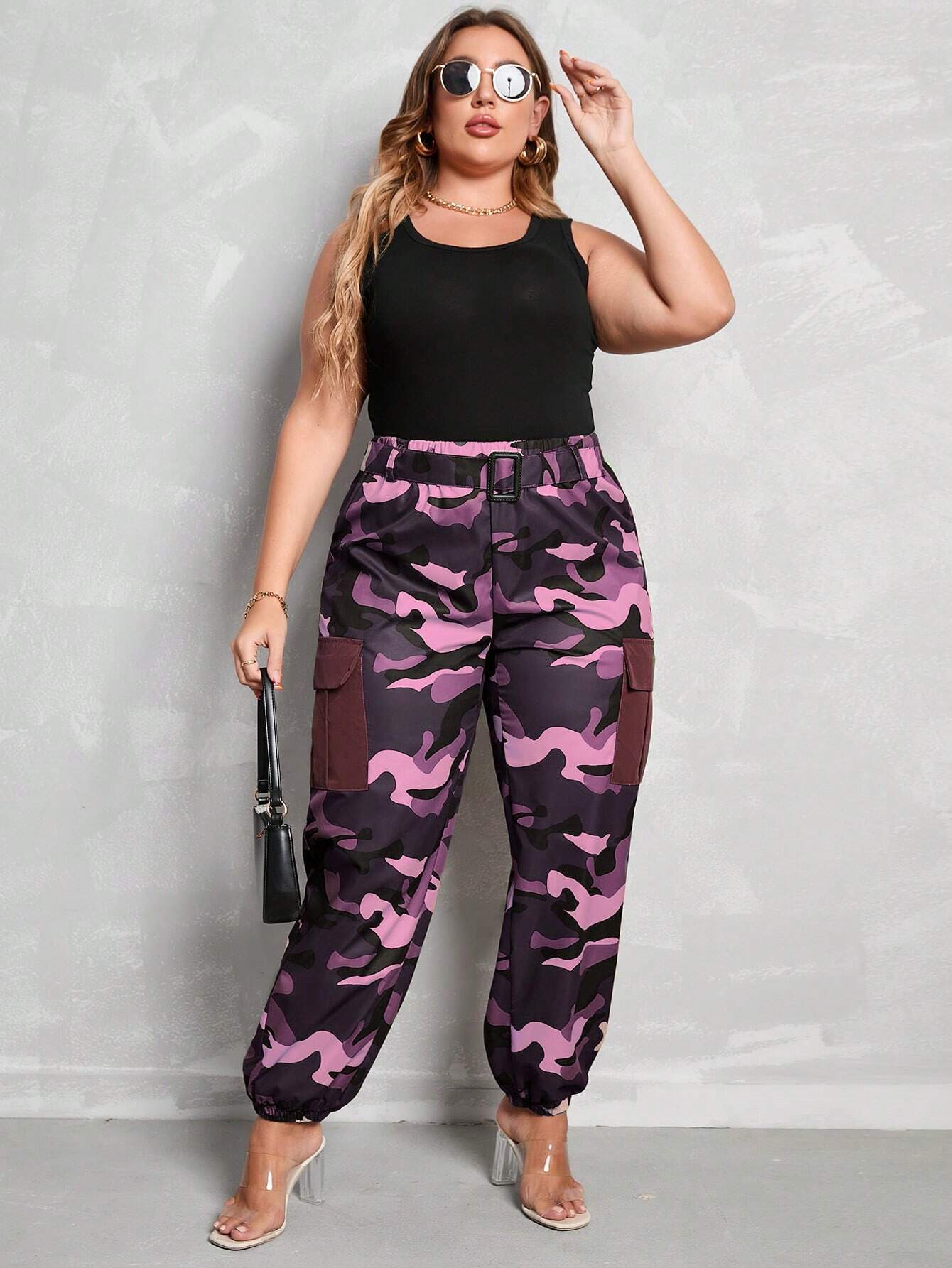 Camo Print Flap Pocket Cargo Pants – women's cargo pants front view
