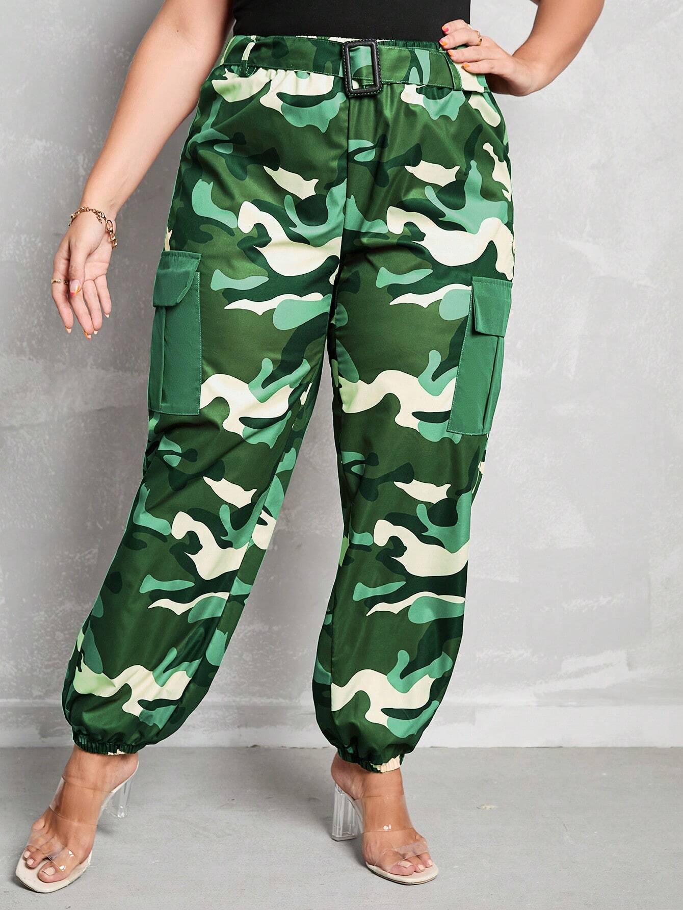 Belted High Waist Camo Cargo Pants – model wearing view