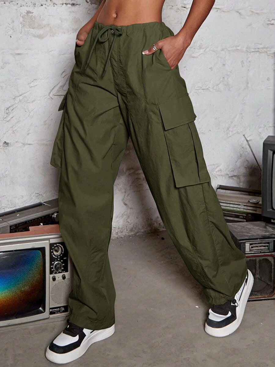 Drawstring Waist Wide Leg Parachute Cargo Jogger Pants – back view detail