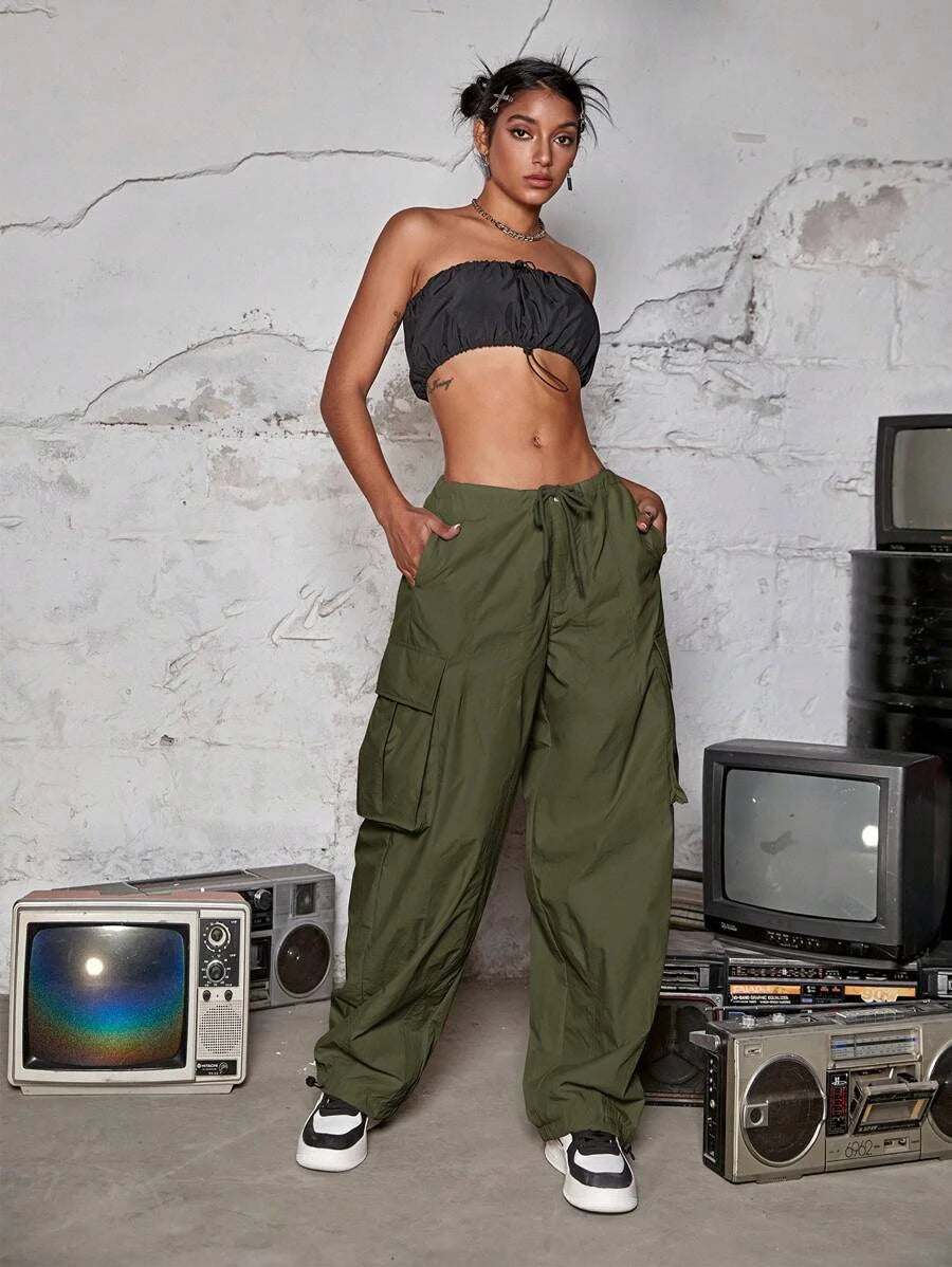 Drawstring Waist Wide Leg Parachute Cargo Jogger Pants