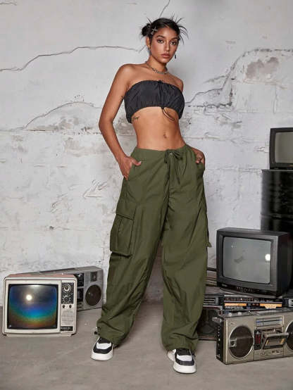 Drawstring Waist Wide Leg Parachute Cargo Jogger Pants