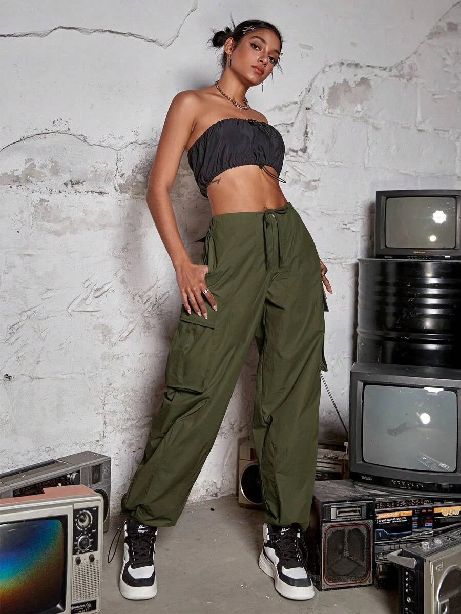 Drawstring Waist Wide Leg Parachute Cargo Jogger Pants