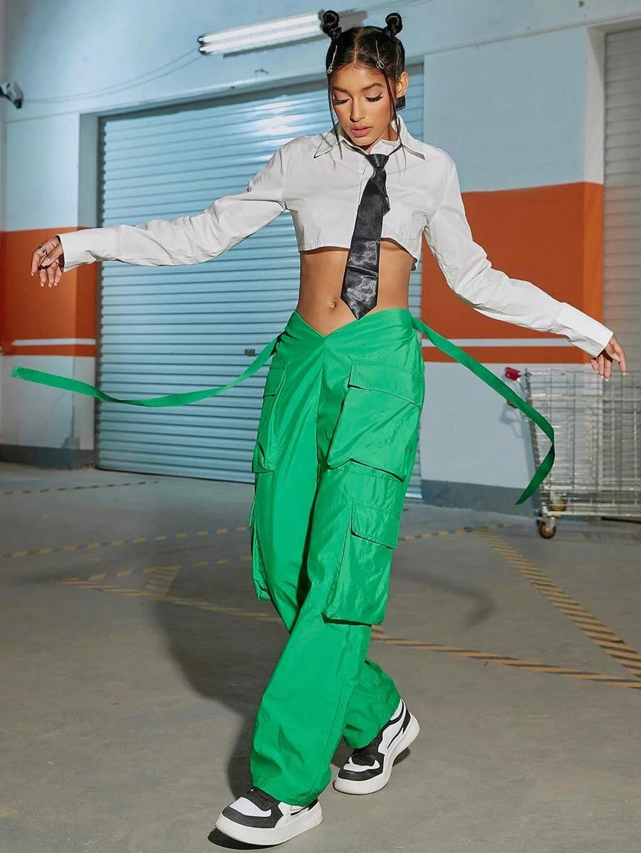 Street Vibes Tape Flap Pocket Side Cargo Pants – women's cargo pants front view