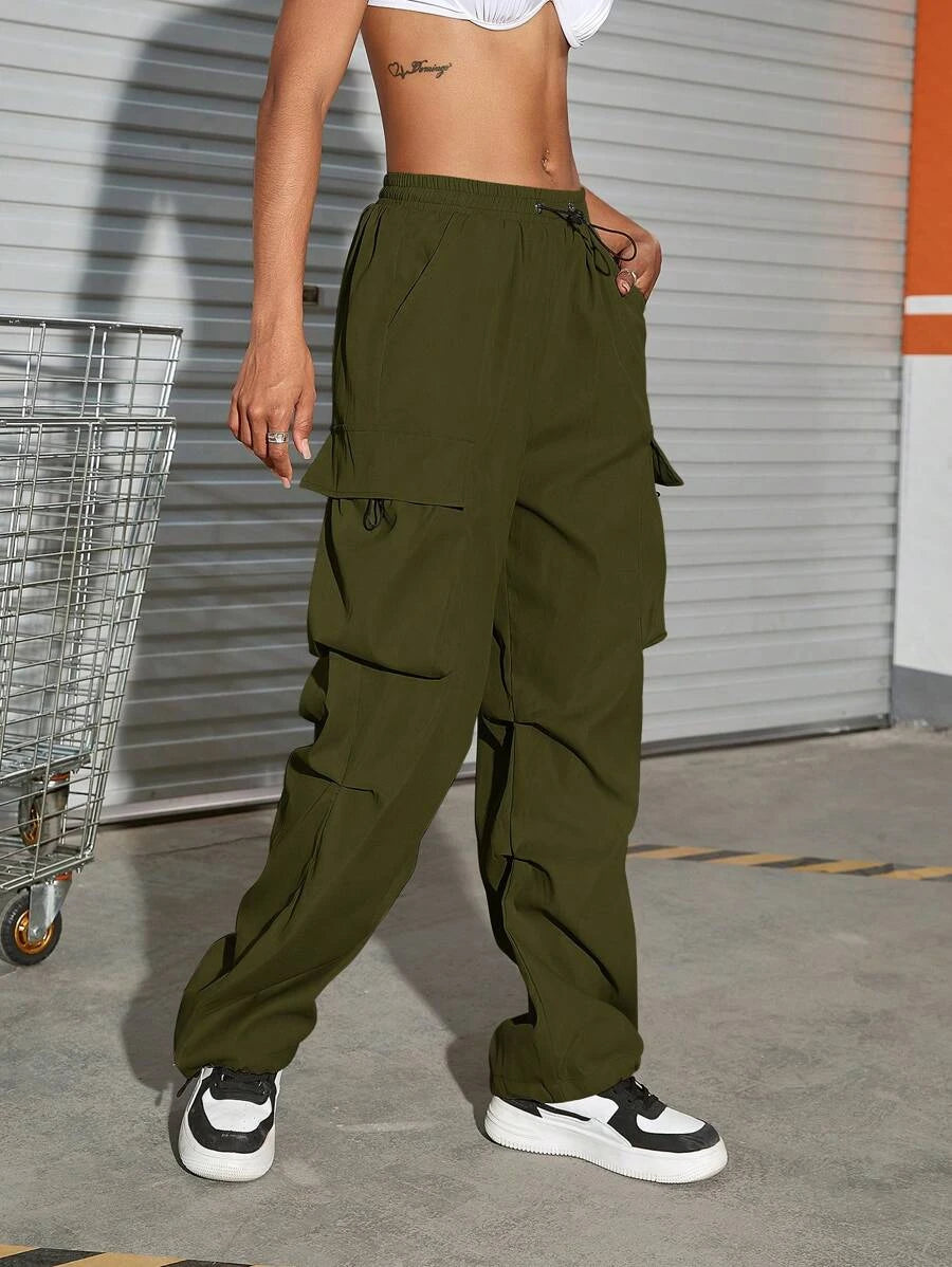 Hip Hop Flap Pocket Drawstring Waist Parachute Cargo Pants - Stretch Com – lifestyle view 14