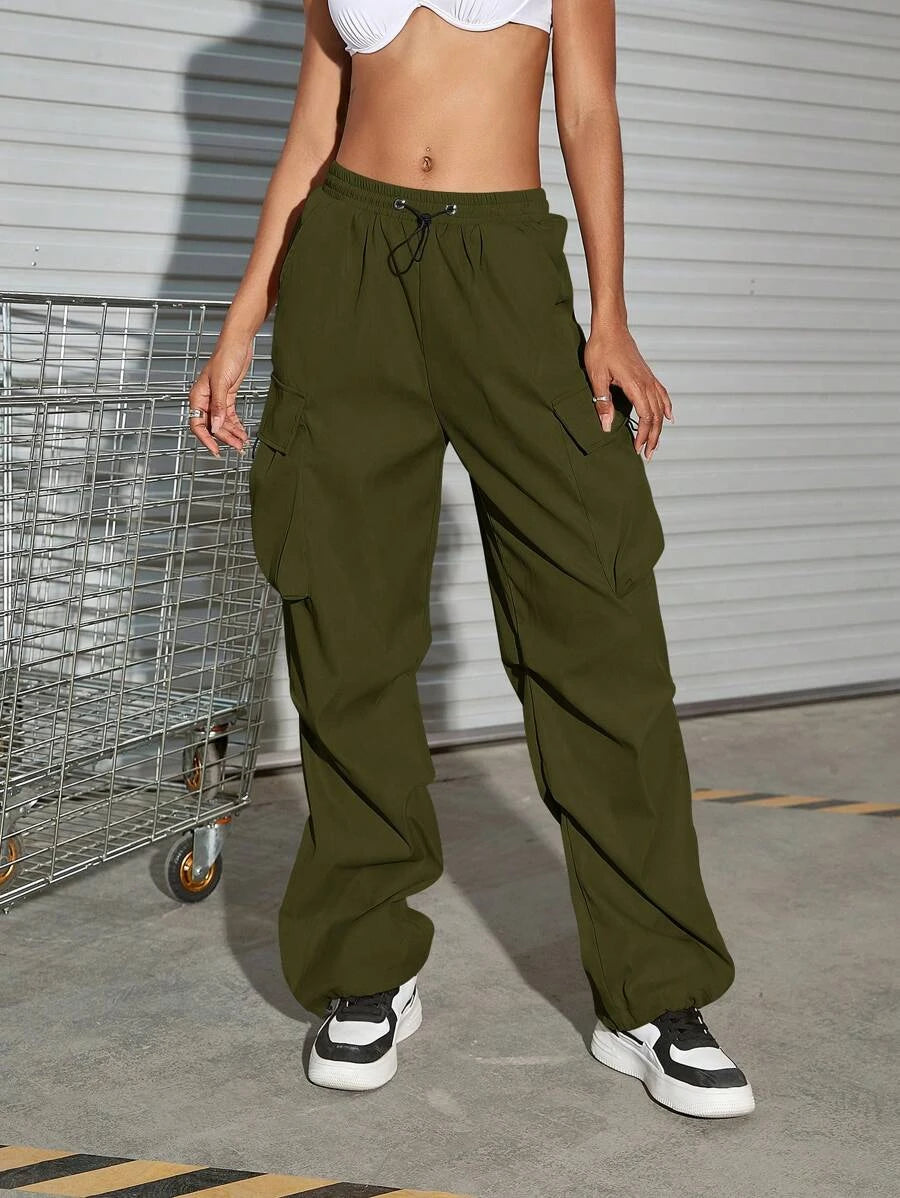 Hip Hop Flap Pocket Drawstring Waist Parachute Cargo Pants - Stretch Com – lifestyle view 15