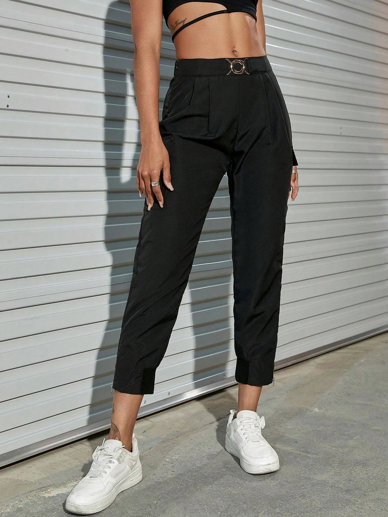 Solid Color Flap Pocket Side Buckle Cargo Pants – women's cargo pants front view