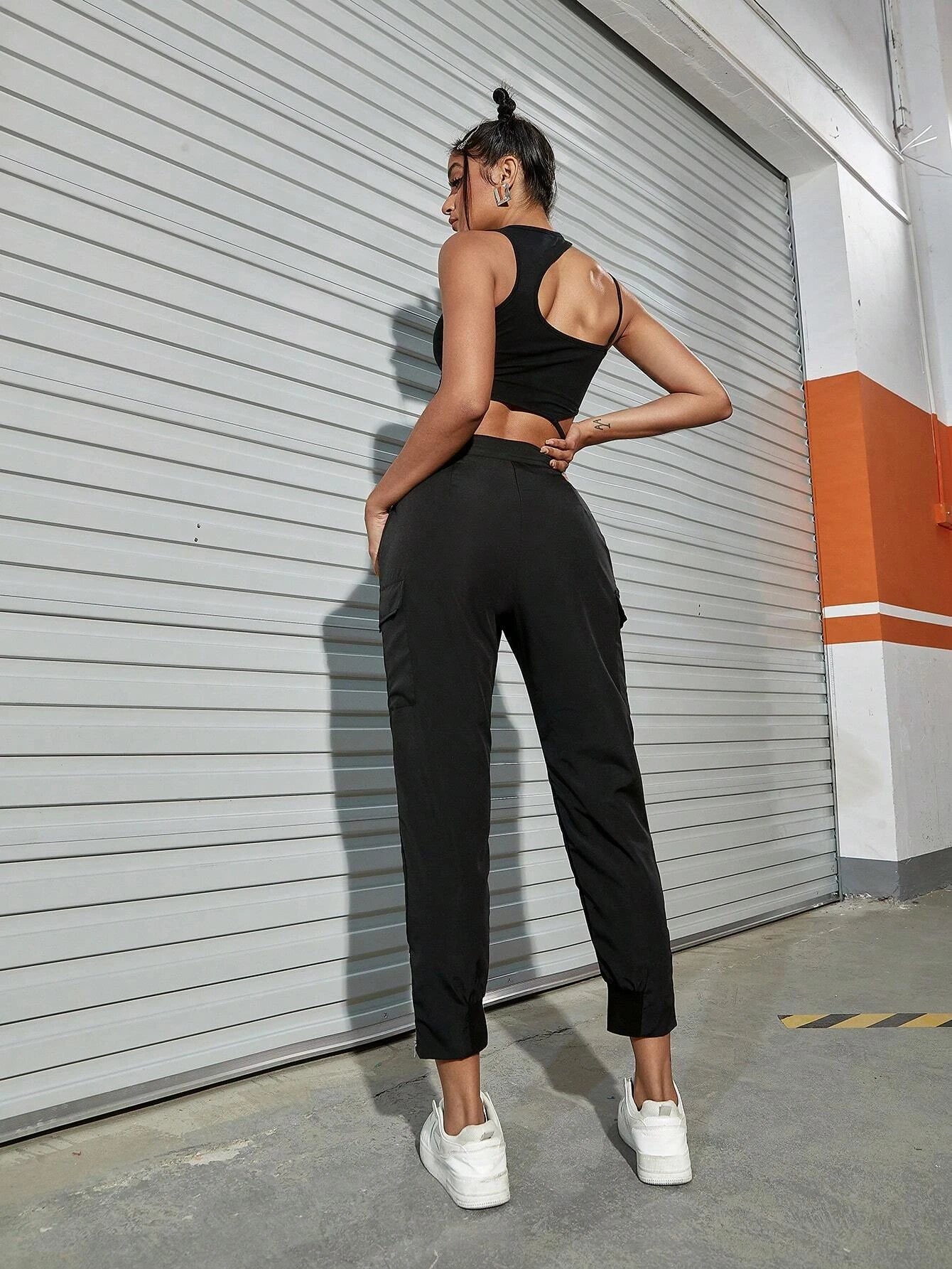 Solid Color Flap Pocket Side Buckle Cargo Pants – side profile view