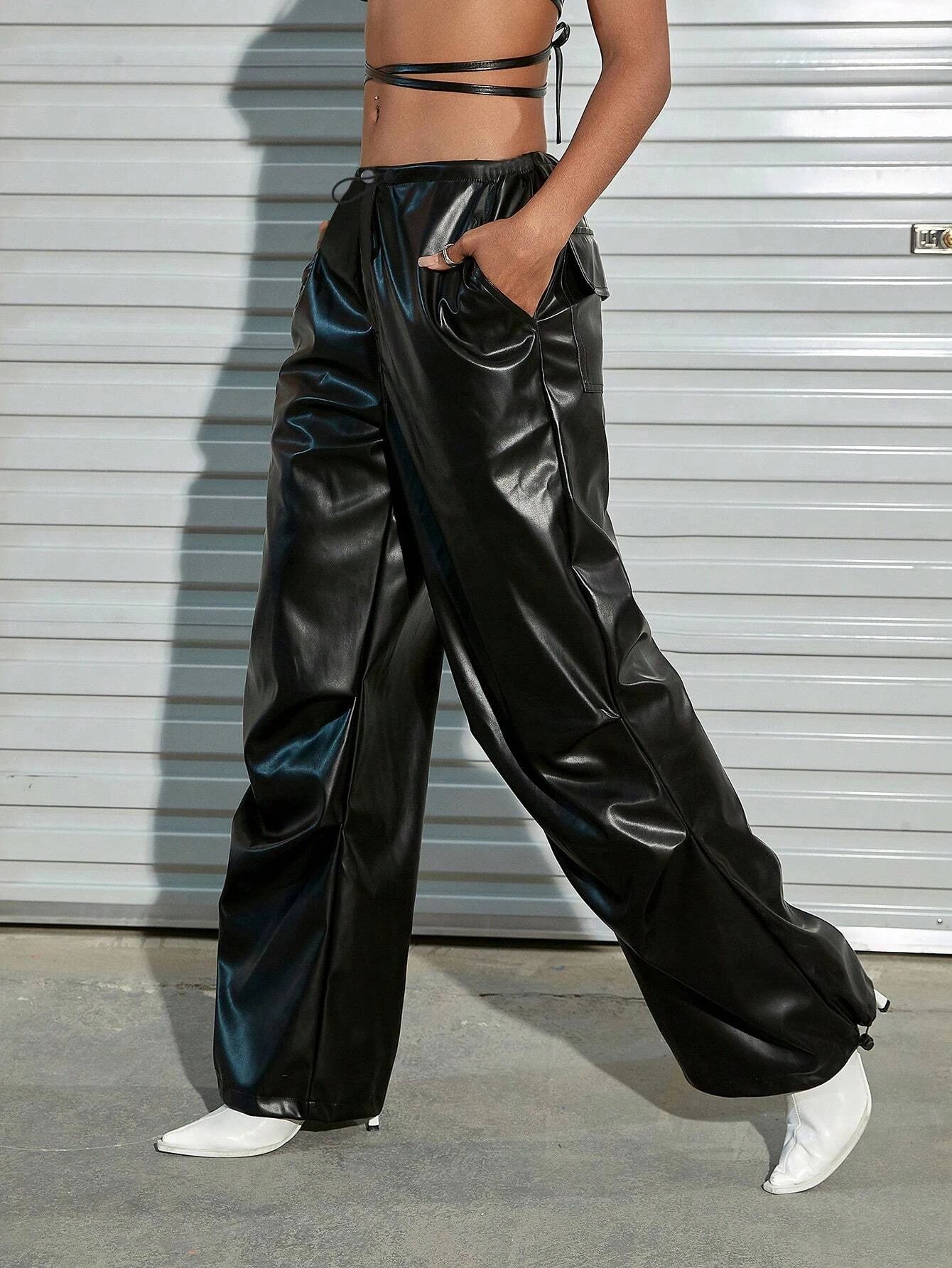 Drawstring Waist Slant Pocket Cargo Parachute Pants – women's cargo pants front view