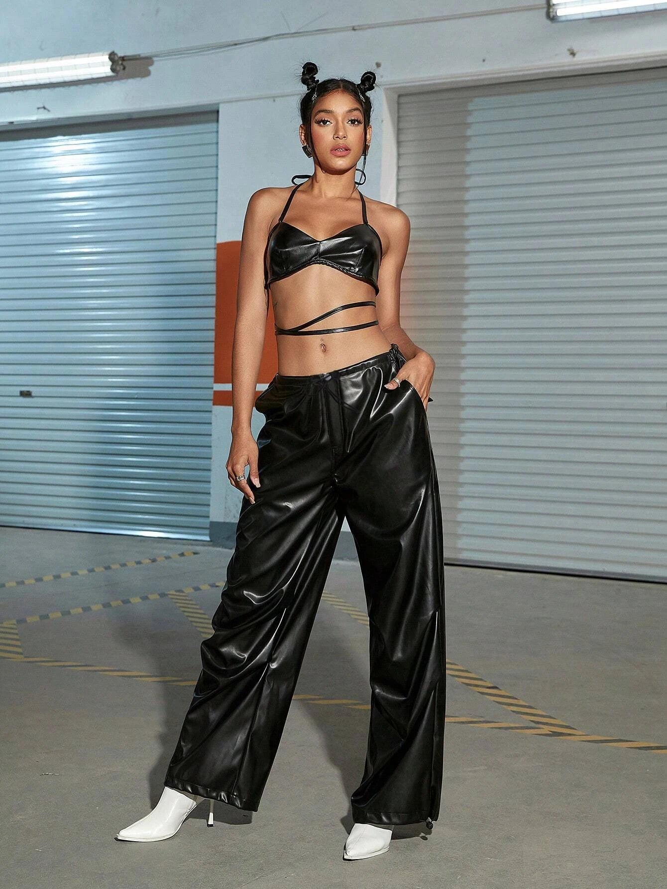 Drawstring Waist Slant Pocket Cargo Parachute Pants – full length outfit view