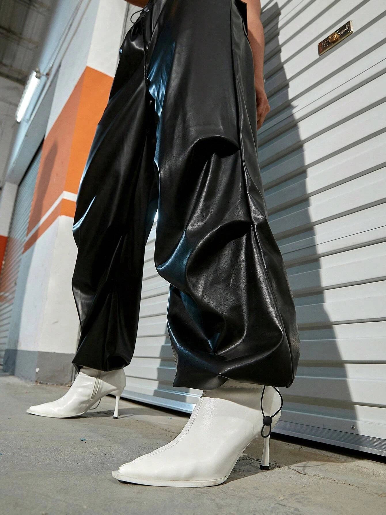 Drawstring Waist Slant Pocket Cargo Parachute Pants – styled outfit view