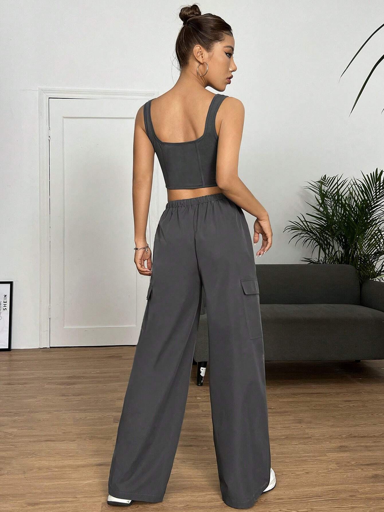 Crop Tank Top And Pocket Cargo Pants – side profile view