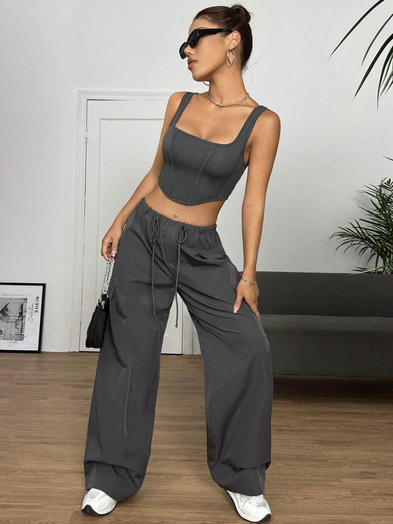 Crop Tank Top And Pocket Cargo Pants – full length outfit view