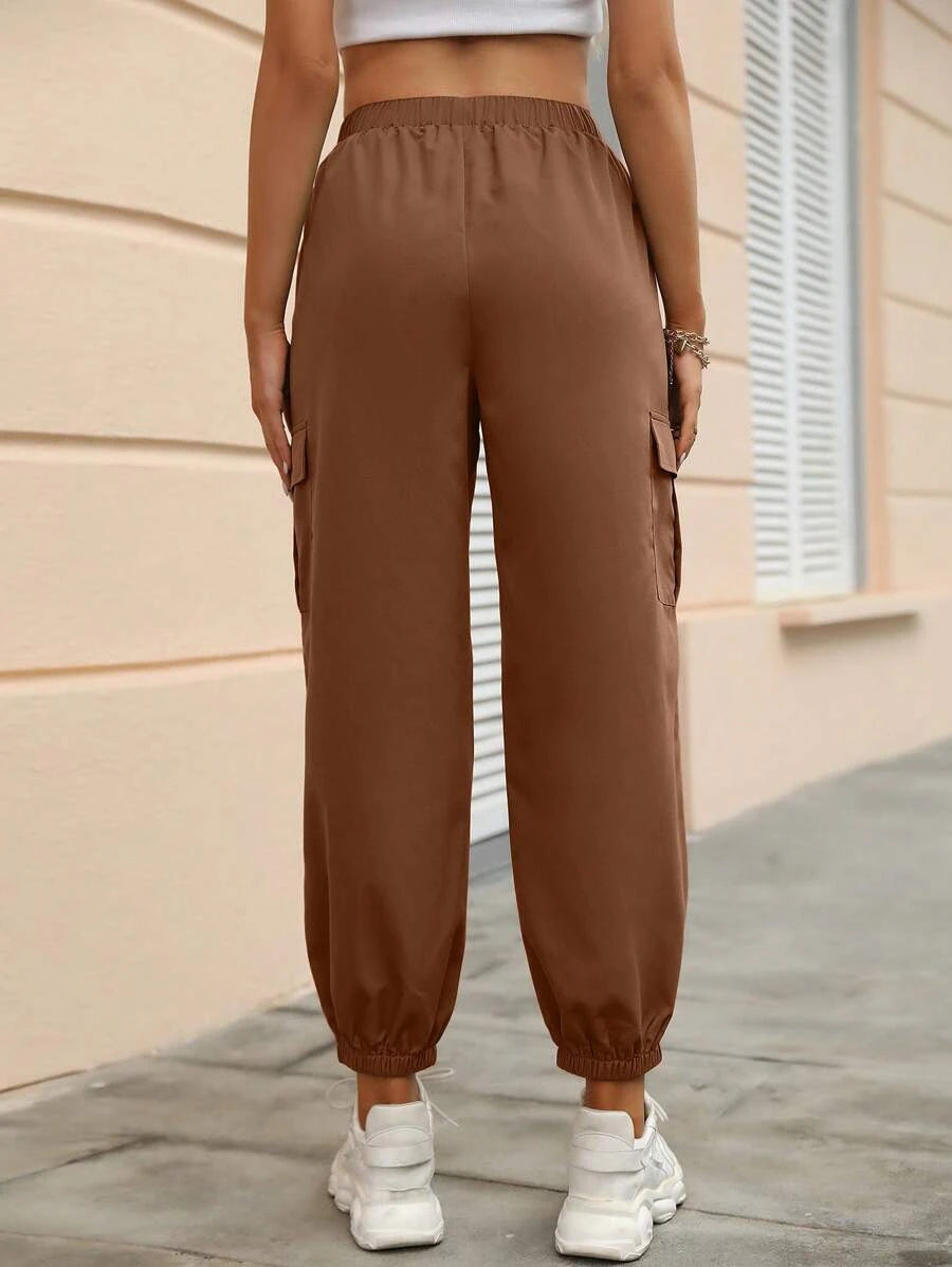 Solid Colored Flap Pocket Side Cargo Pants in Black – model wearing view