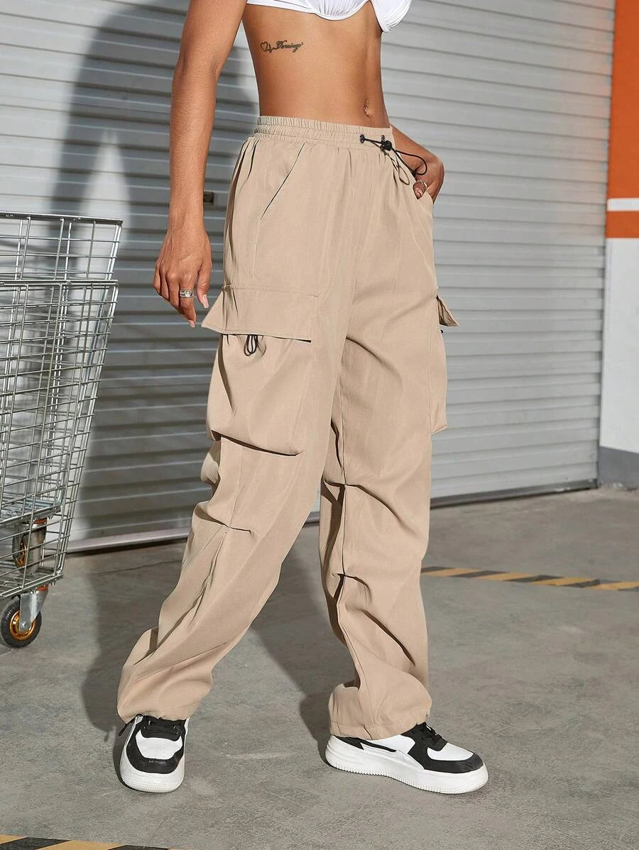 Hip Hop Flap Pocket Drawstring Waist Parachute Cargo Pants - Stretch Com – waistband detail