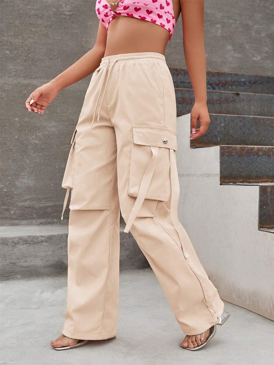 Flap Pocket Side Drawstring Waist Cargo Pants in Red – back view detail