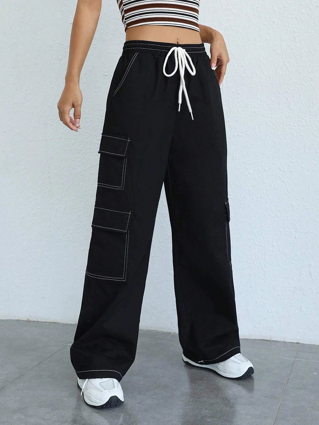 Side Flap Pocket Drawstring Cargo Pants – women's cargo pants front view