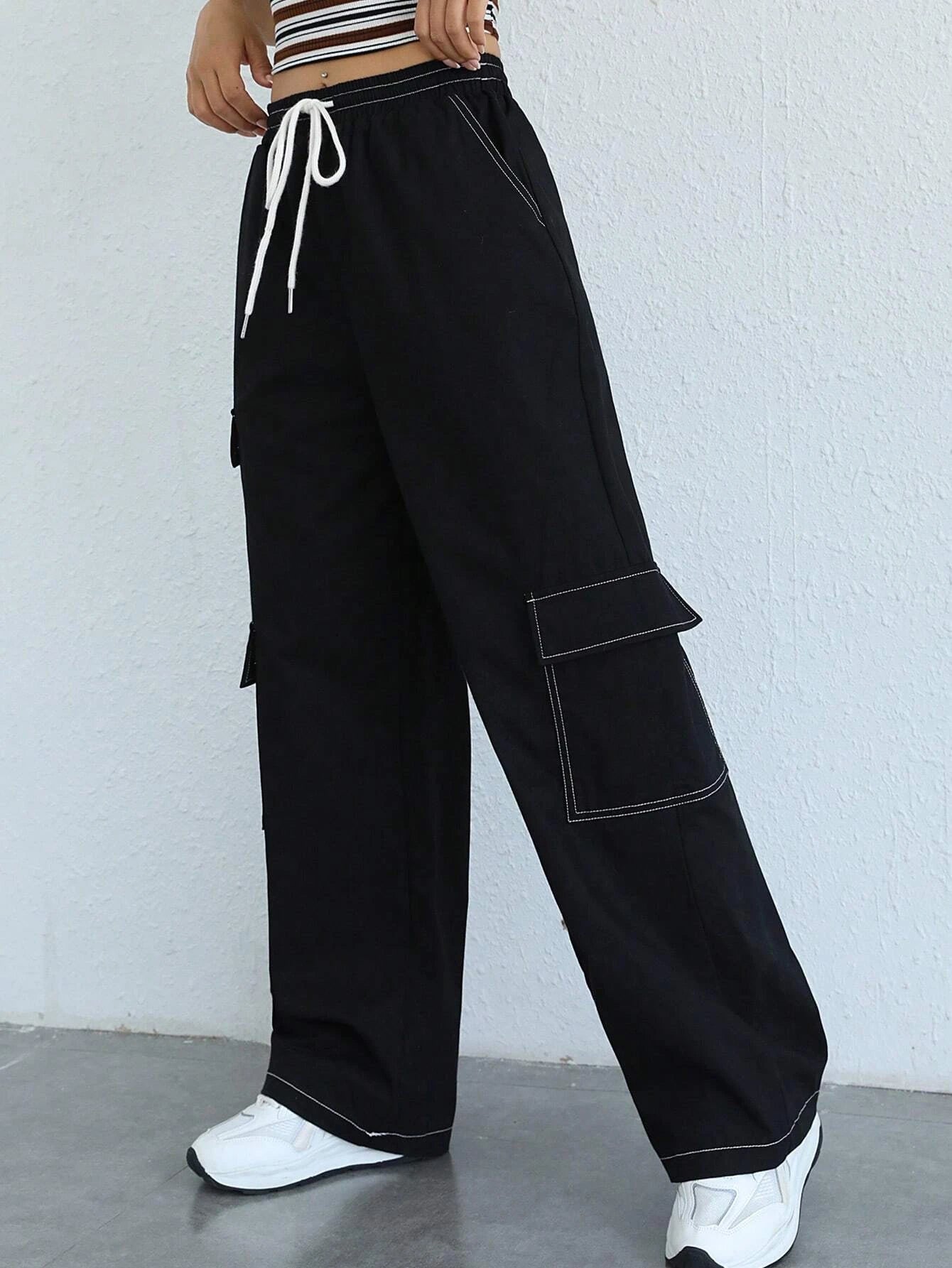 Side Flap Pocket Drawstring Cargo Pants – pocket detail close-up