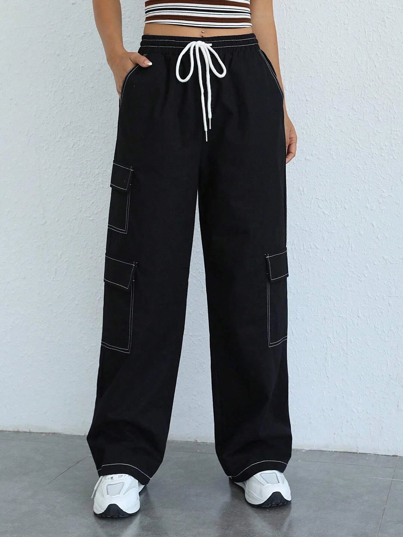 Side Flap Pocket Drawstring Cargo Pants – waistband detail