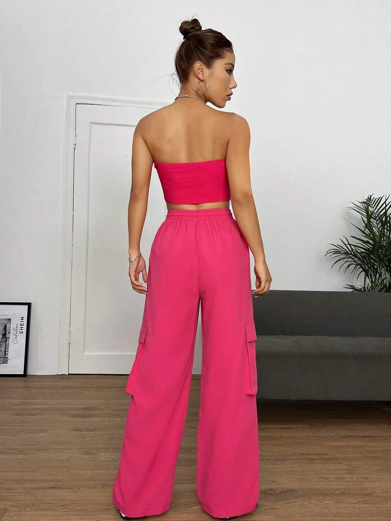 Letter Patched Tube Top And Drawstring Waist Cargo Pants - Stretch Comfo – full length outfit view