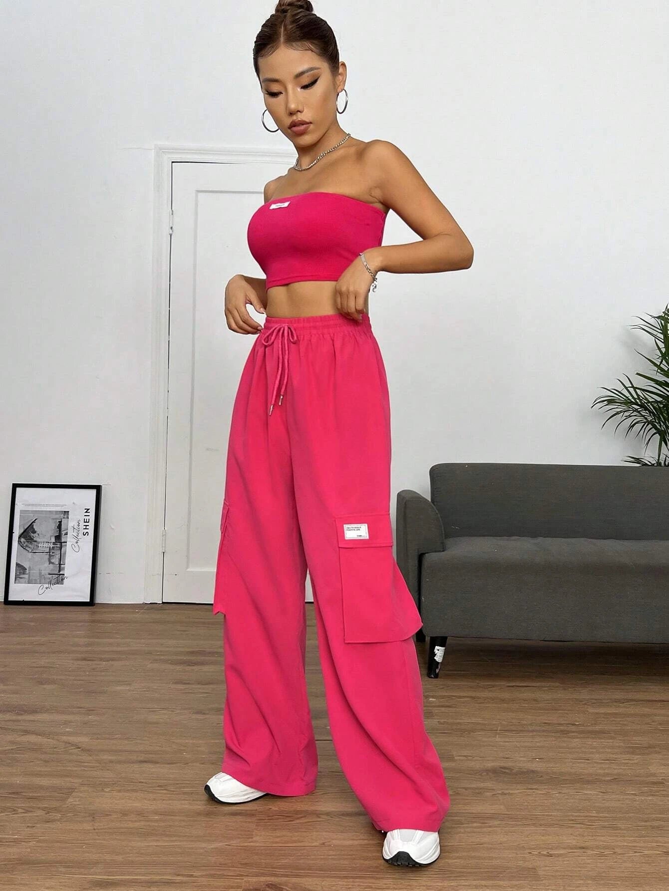 Letter Patched Tube Top And Drawstring Waist Cargo Pants - Stretch Comfo – side profile view